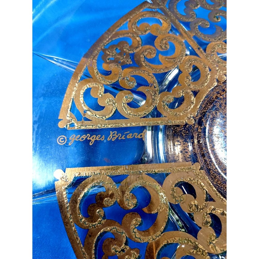 Georges Briard Signed Gold Scroll Encrusted Glass Pedestal Cake Plate Stand - Picture 5 of 7